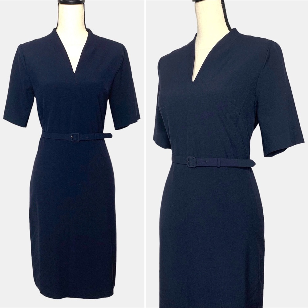 Ann Taylor Navy Blue Belted V Neck Sheath Dress